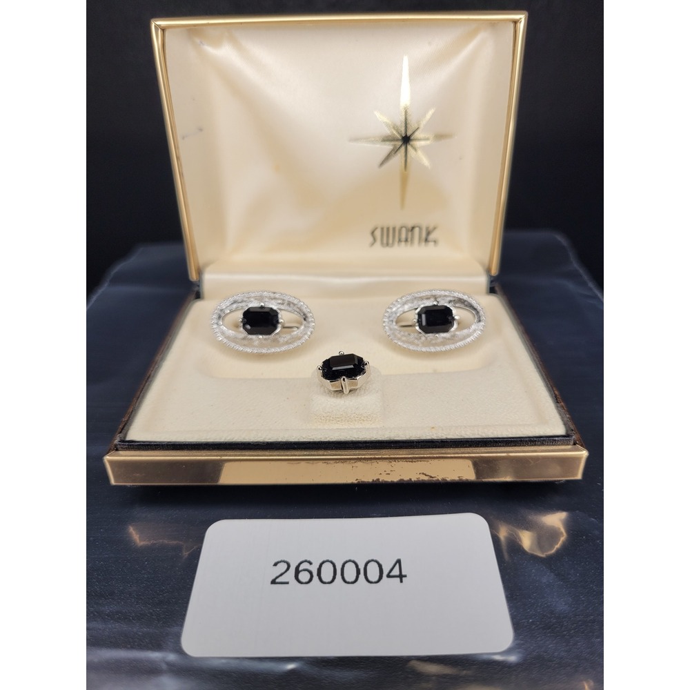 Swank Cufflink Tie Tack Set Silver Tone Black Stone Oval Openwork Boxed Set